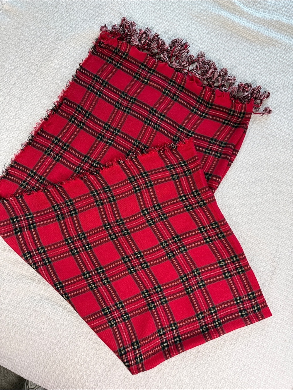 Red and black Tartan Plaid shawl/scarf with ball fringe academia, preppy